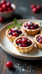 Miniature pastry tarts filled with cranberry compote and topped with powdered sugar in a bowl, treat, garnish
