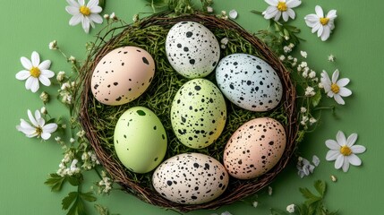 Fototapeta premium A vibrant close-up of a nest containing colorful eggs surrounded by delicate flowers on a lush green surface, symbolizing the essence of Easter.