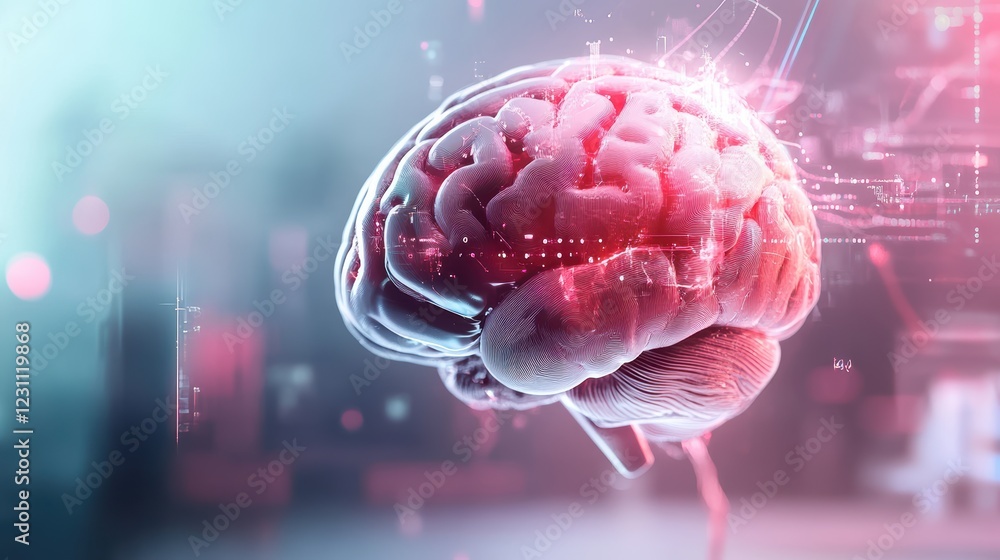 Poster futuristic brain illustration with digital interface and technology elements in the background