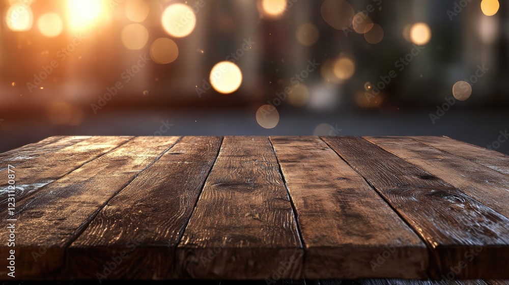 Poster wooden table in focus with a blurred background creating a depth of field effect