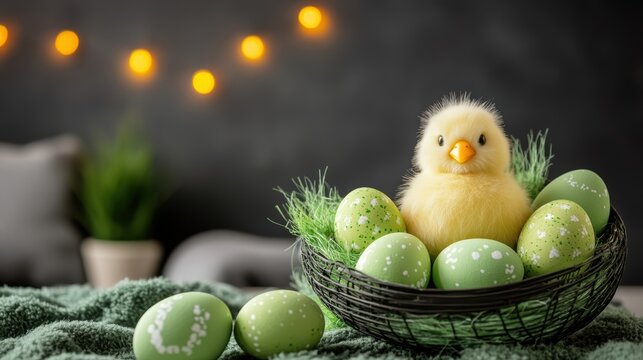 A small yellow duck rests in a basket filled with vibrant green eggs, embodying the spirit of Easter celebrations and springtime joy.