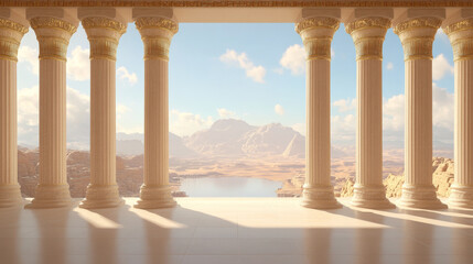 Fototapeta premium Serene view from a classical portico. The sunlit beige columns frame a breathtaking desert landscape with mountains and a tranquil lake.