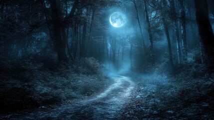 Fototapeta premium Moonlit Forest Path Winding Through Mystical Trees