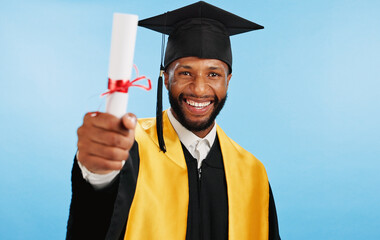 Portrait, black man and diploma for graduation in studio with celebration, education success and...