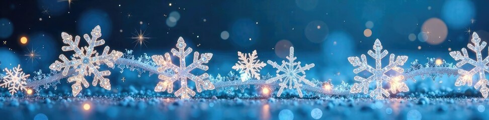Fototapeta premium Sparkling snowflakes adorning a frosted glass garland, frosty glass, christmas garland