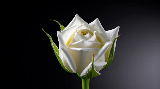 The video captures a white rose blooming against a dark background, emphasizing elegance and simplicity, with a close-up camera angle.