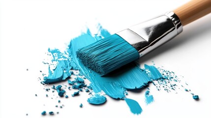 Fototapeta premium Brush with blue paint resting on a clean white surface for artistic creativity and painting projects