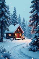 Fototapeta premium Snow-covered forest with a winter cabin and Christmas decorations, trees, snug