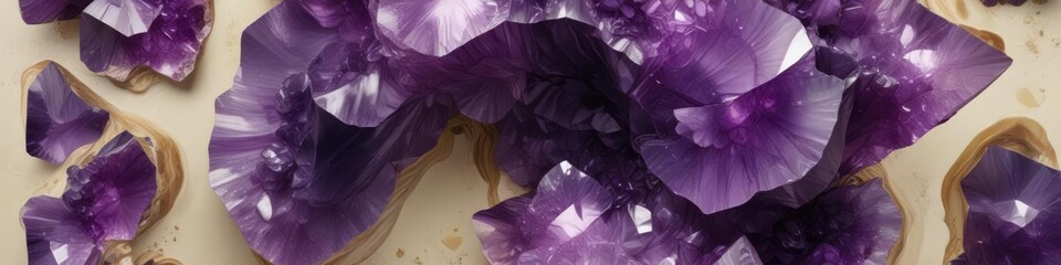 Polished amethyst slab showcasing rich purple hues and subtle violet undertones against a neutral beige backdrop, rock, polished