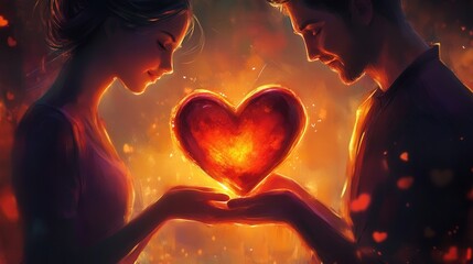 romantic scene of a man and woman holding a heart-shaped box together, symbolizing their shared love and affection, with a warm Valentine