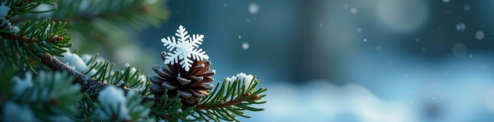 Fototapeta premium A single large snowflake resting on a pine cone amidst greenery, solitary, branch, frosty landscape