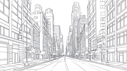A simple line drawing of a city street lined with tall buildings.