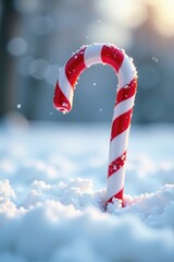 Red and white striped candy cane in a snowy field, calm, playful, winter