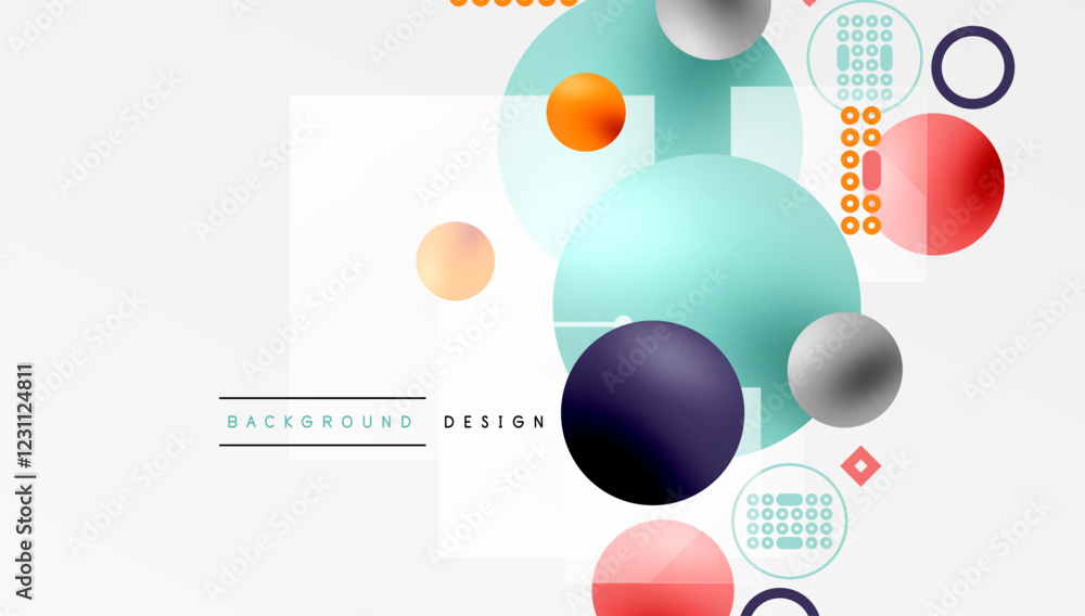 Poster minimalistic abstract vector design, layered geometric shapes circles, squares, and triangles with s