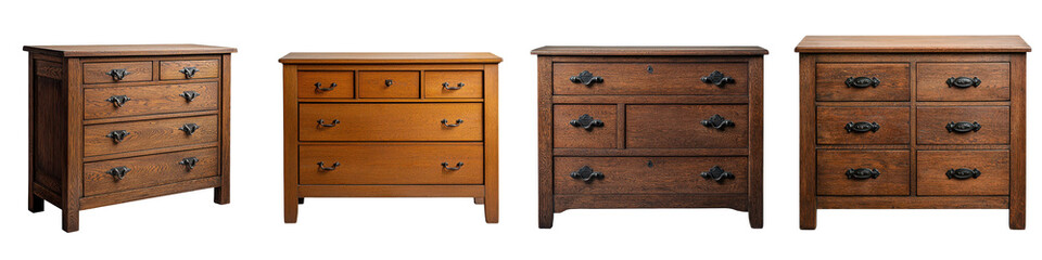 A collection of classic and rustic wooden dressers chests and cabinets in a traditional home decor...