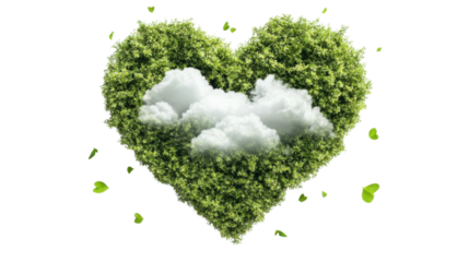 Green heart shaped bush with clouds and falling leaves on transparent background