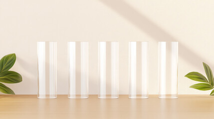 Five clear cylindrical glasses sit on a light wood surface, minimalist aesthetic with soft light and green leaves.