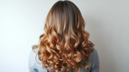 Fototapeta premium Hair coloring gradient from light golden to brown on a girl with long curly hair in the back