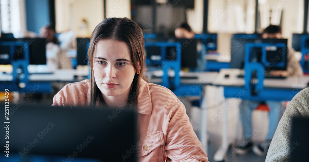 Aufkleber girl, student and test with computer for online assessment, it course or exam in classroom. female p