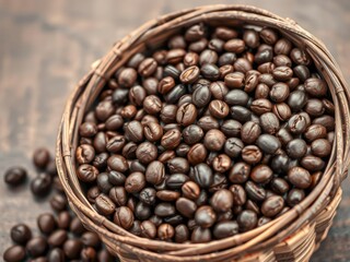 Richly aromatic coffee beans in a wooden basket, rustic decor, warm atmosphere, rare coffee