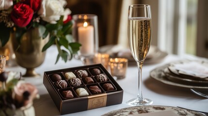 Naklejka premium romantic table setting with a box of chocolates and a glass of champagne, the perfect Valentine Day gift to share with a loved one.