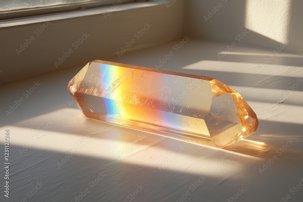 Poster prismatic splendor: crystal prism creating a vibrant rainbow spectrum on surface