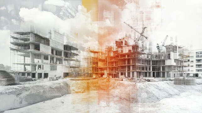 Different images that tell the story of civil construction, with a superimposition and projection effect on them
