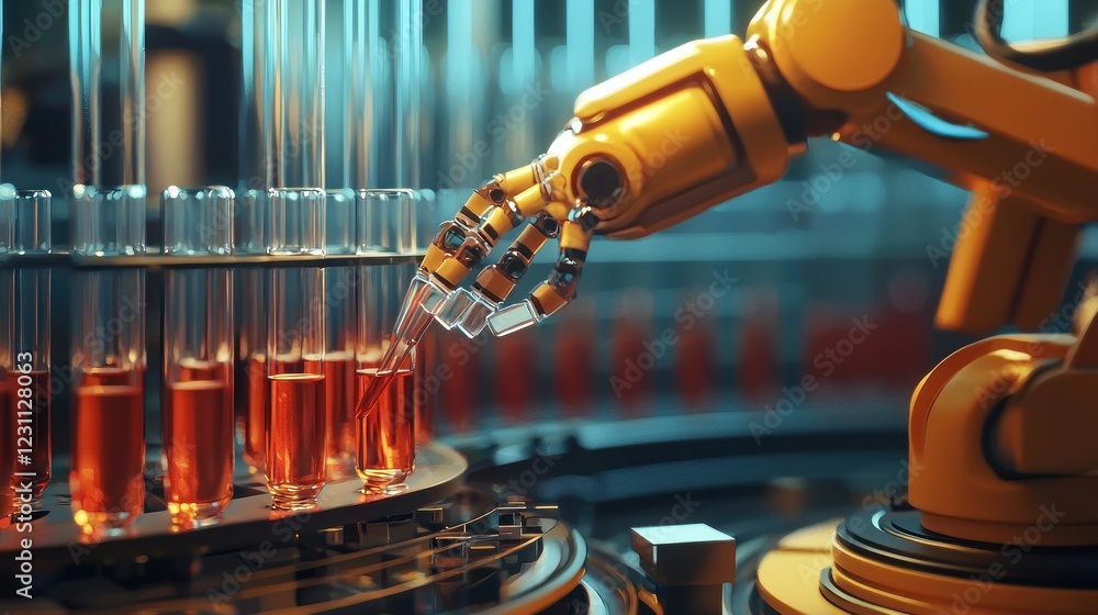 Poster robotic arm precisely handling test tubes in a modern laboratory setting