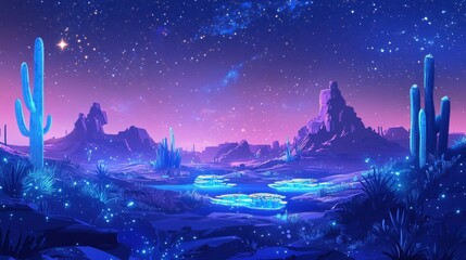Fototapeta premium Neon Desert Night Sky Cactus Landscape