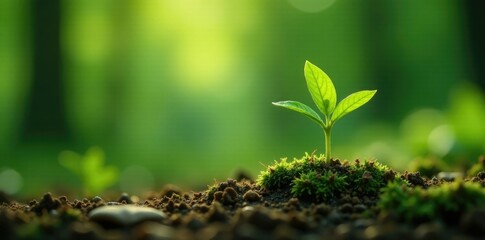 Miniature green plant growing in shaded woodland environment, nature, small