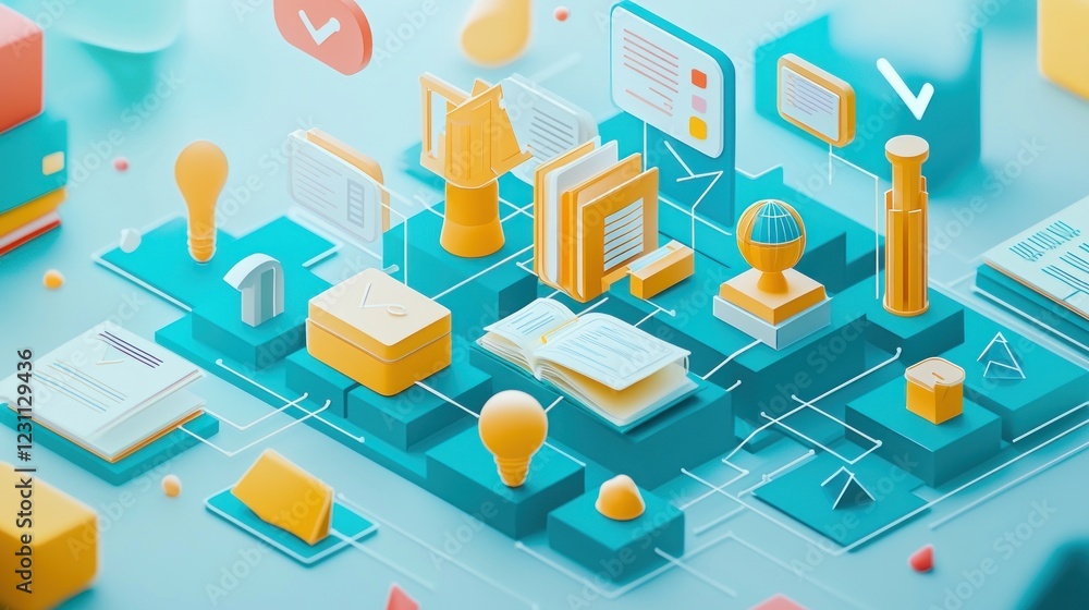 Aufkleber educational resources network: a 3d isometric visualization of interconnected learning materials and