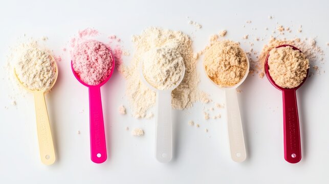 Set with scoops of powdered infant formula on white background banner design Baby milk