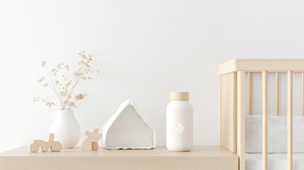 Neutral-toned nursery décor with wooden toys, dried flowers, and a minimalist water bottle.  Soft, calming aesthetic.