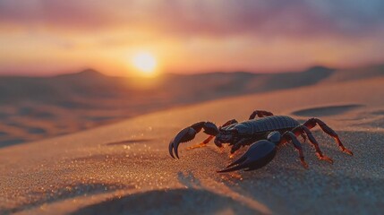 Scorpion Walking on Sand at Sunset in Desert Landscape