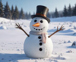 Obraz premium Snowman standing in a snow-covered field with a carrot nose and coal eyes, wintery wonderland, snowman, festive atmosphere