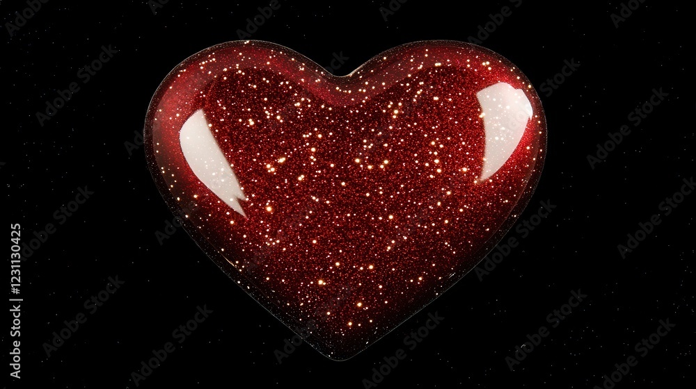 Poster simple and bold heart shape in deep red, surrounded by soft golden sparkles to represent pure love.