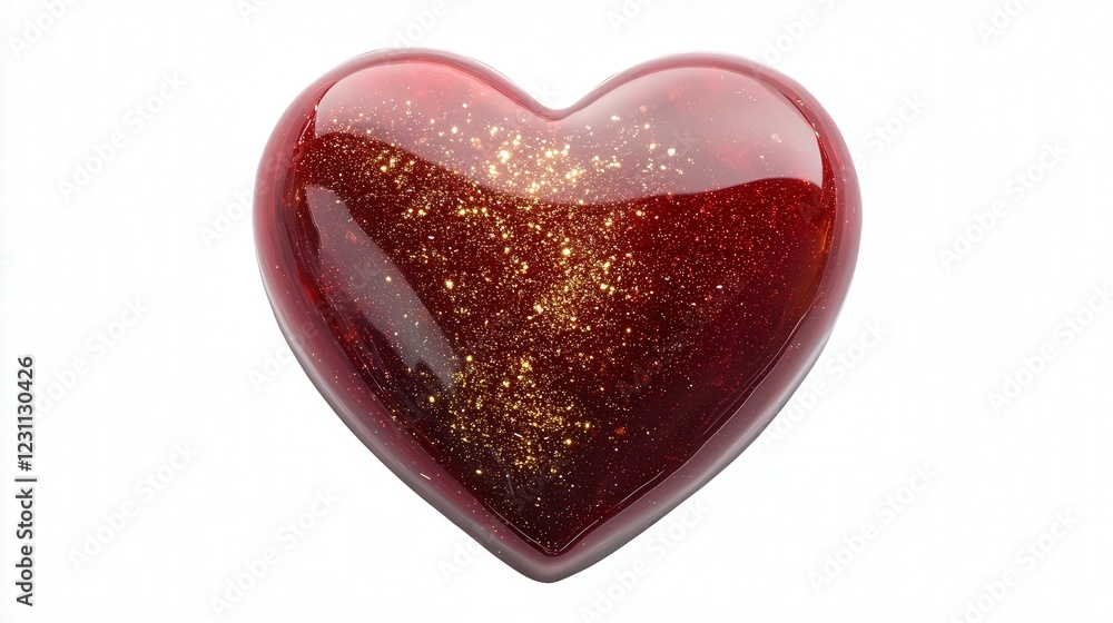 Poster simple and bold heart shape in deep red, surrounded by soft golden sparkles to represent pure love.