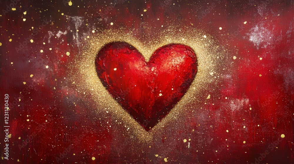 Poster simple and bold heart shape in deep red, surrounded by soft golden sparkles to represent pure love.