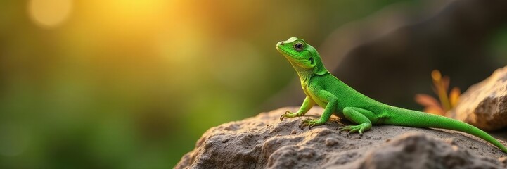 Obraz premium Small, green lizard basks in warm sunlight on a rocky outcropping, green reptile, reptile