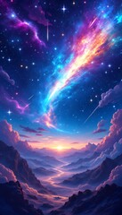 Stunning Cosmic Nebula with Vivid Colors and Starry Sky Over Dramatic Mountainous Landscape