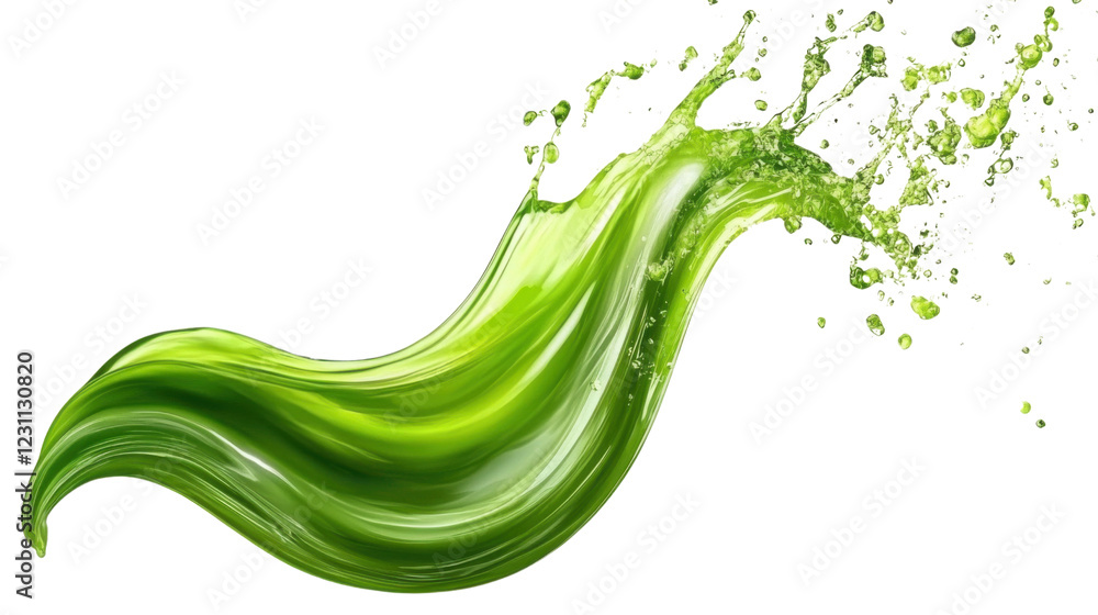 Poster refreshing green liquid splashing dynamically on transparent background