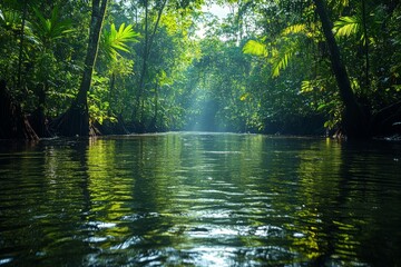 Obraz premium Serene Rainforest River Surrounded by Lush Canopy of Trees Offering Tranquil Natural Beauty