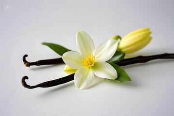 Vanilla flowers with pods and leaves on white background