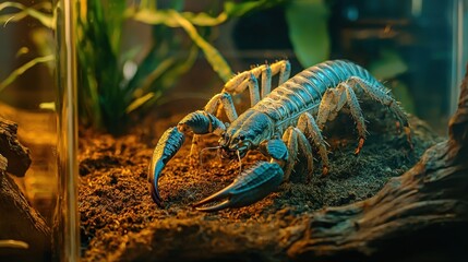 Blue Scorpion in a Natural Habitat with Green Plants and Soil