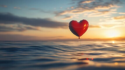 single red heart-shaped balloon drifting over calm ocean waves at sunrise, symbolizing love and tranquility.
