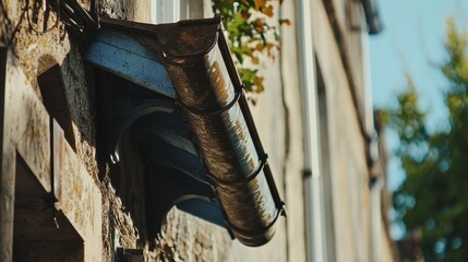 Rustic metal downspout on a charming old building in sunlight