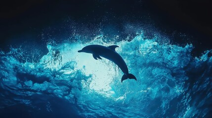 Silhouette of Dolphin Leaping Through Turquoise Ocean Waves