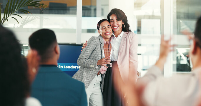 Office, award and business women in seminar for well done, achievement and celebration. Corporate, company reward and happy workers clapping hands for success, promotion announcement and thank you