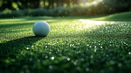 Golf ball and golf club on the green grass of a golf course, with sunlight, on a banner background with a copy space area for text or design