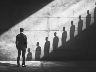 A business leader standing in a spotlight, with shadows of their team extending behind them, representing influence.